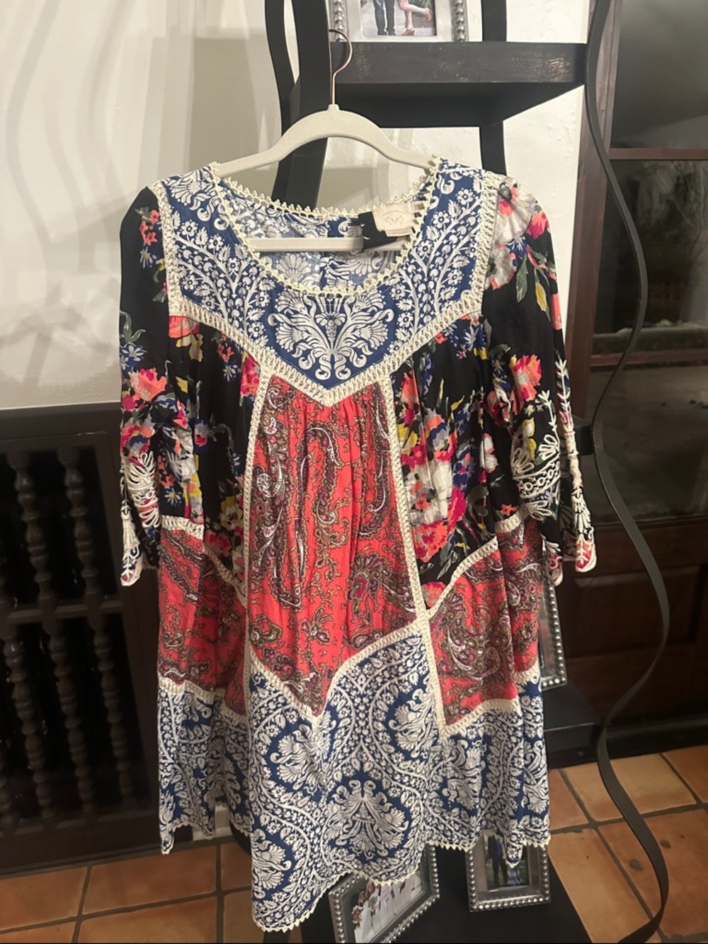 Vanessa Virginia Boho Patchwork Midi Dress in Black, Red & Blue